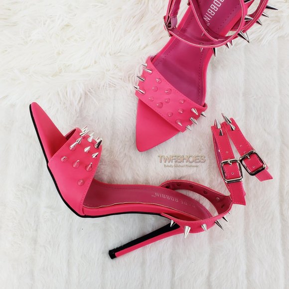 Hot Pink Spike Stud Double Strap High Heel Shoes - Picture 5 of 16